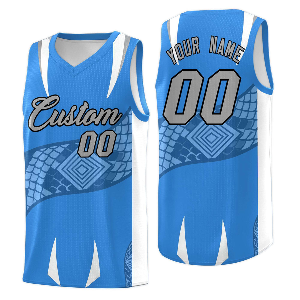 Custom Light Blue White Snake Scale Venomous Fang Lightweight Graffiti Pattern Basketball Suit Jersey