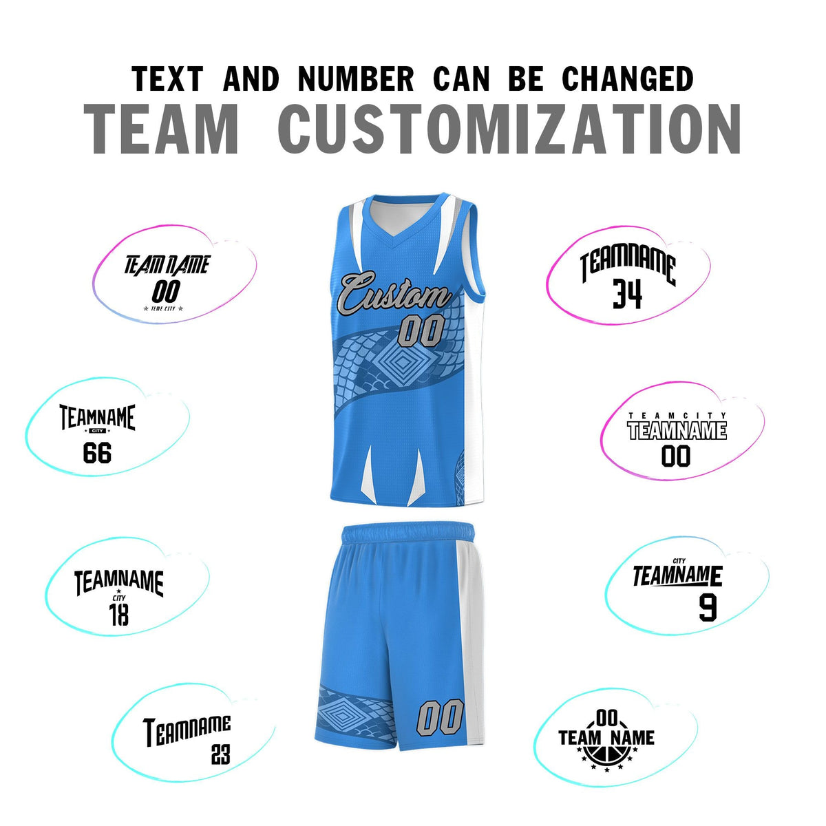 Custom Light Blue White Snake Scale Venomous Fang Lightweight Graffiti Pattern Basketball Suit Jersey