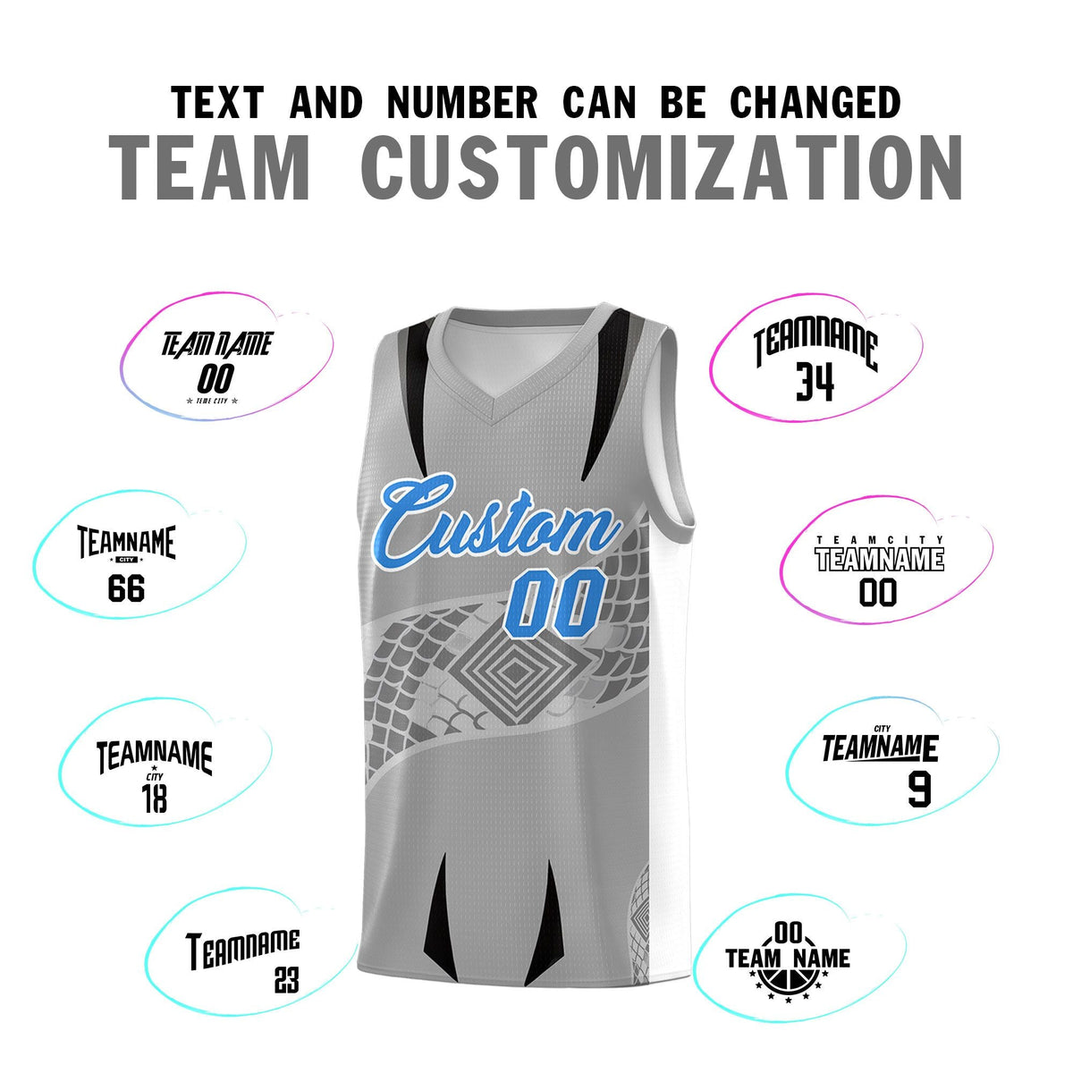 Custom Gray White Snake Scale Venomous Fang for Team Graffiti Pattern Basketball Suit Jersey