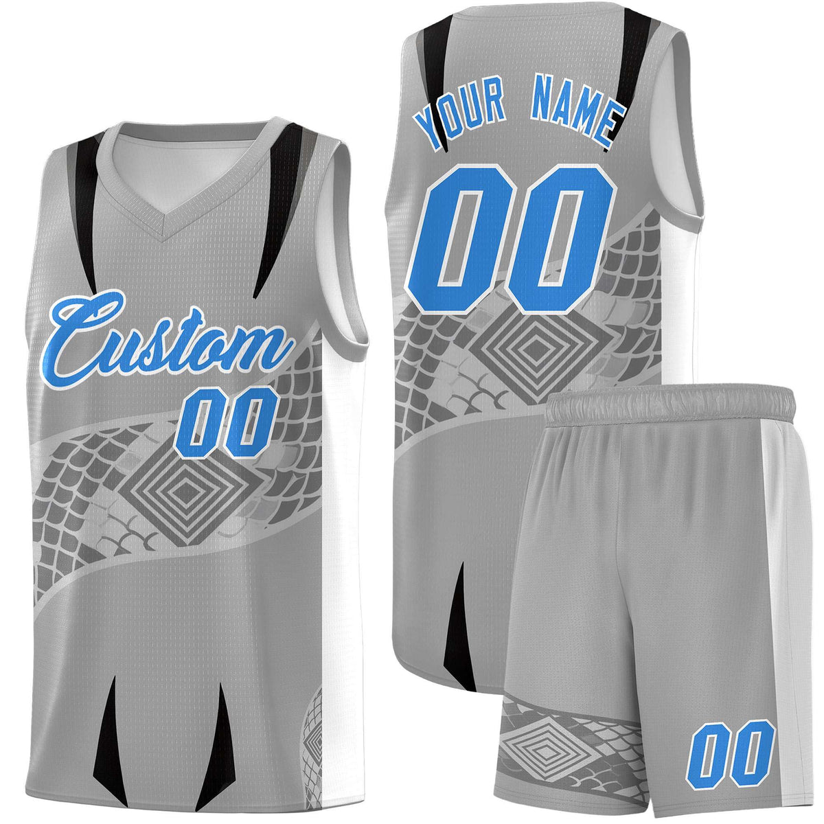 Custom Gray White Snake Scale Venomous Fang for Team Graffiti Pattern Basketball Suit Jersey