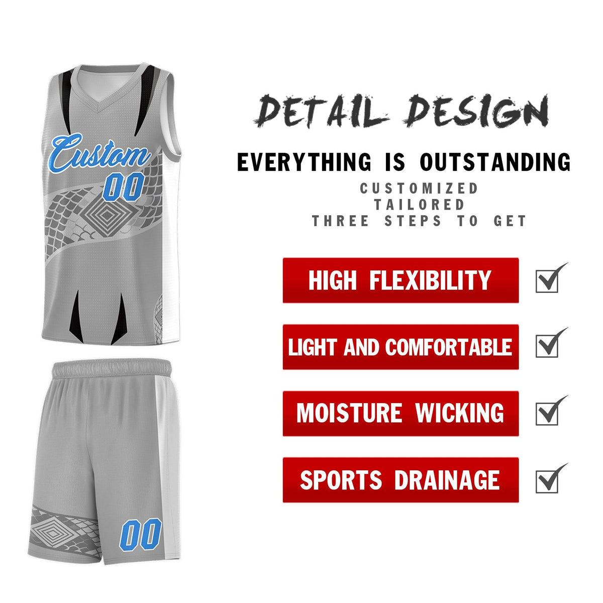 Custom Gray White Snake Scale Venomous Fang for Team Graffiti Pattern Basketball Suit Jersey