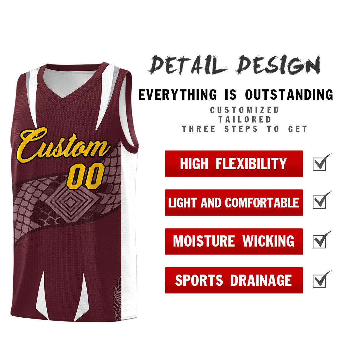 Custom Burgundy White Snake Scale Venomous Fang Drapable Graffiti Pattern Basketball Suit Jersey