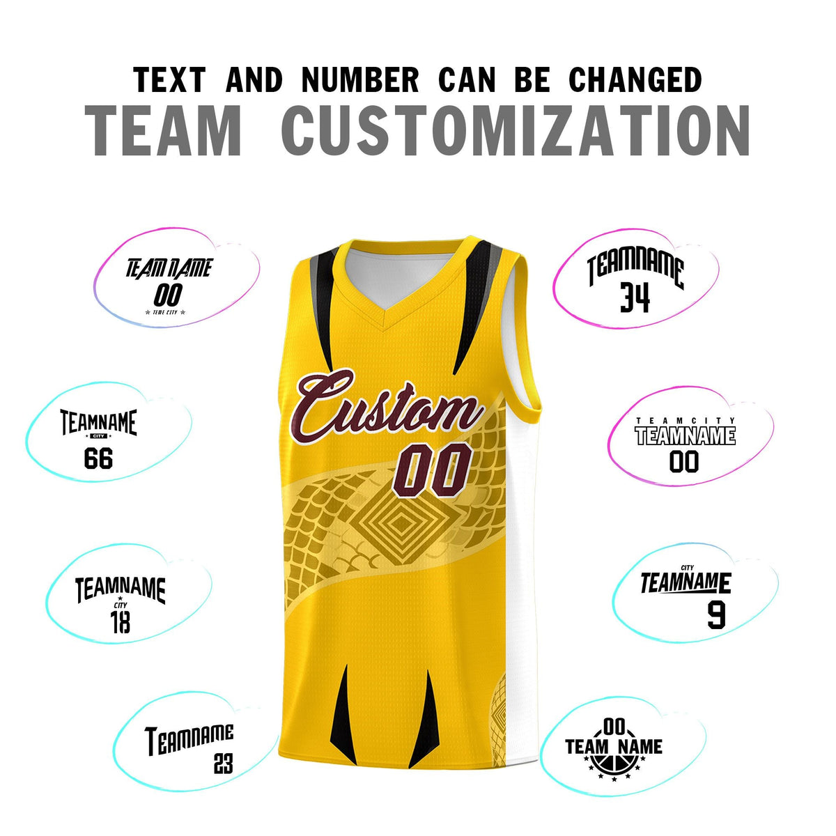 Custom Yellow White Snake Scale Venomous Fang for Leagues Graffiti Pattern Basketball Suit Jersey
