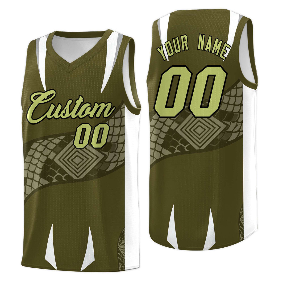 Custom Olive White Snake Scale Venomous Fang Breathable Graffiti Pattern Basketball Suit Jersey
