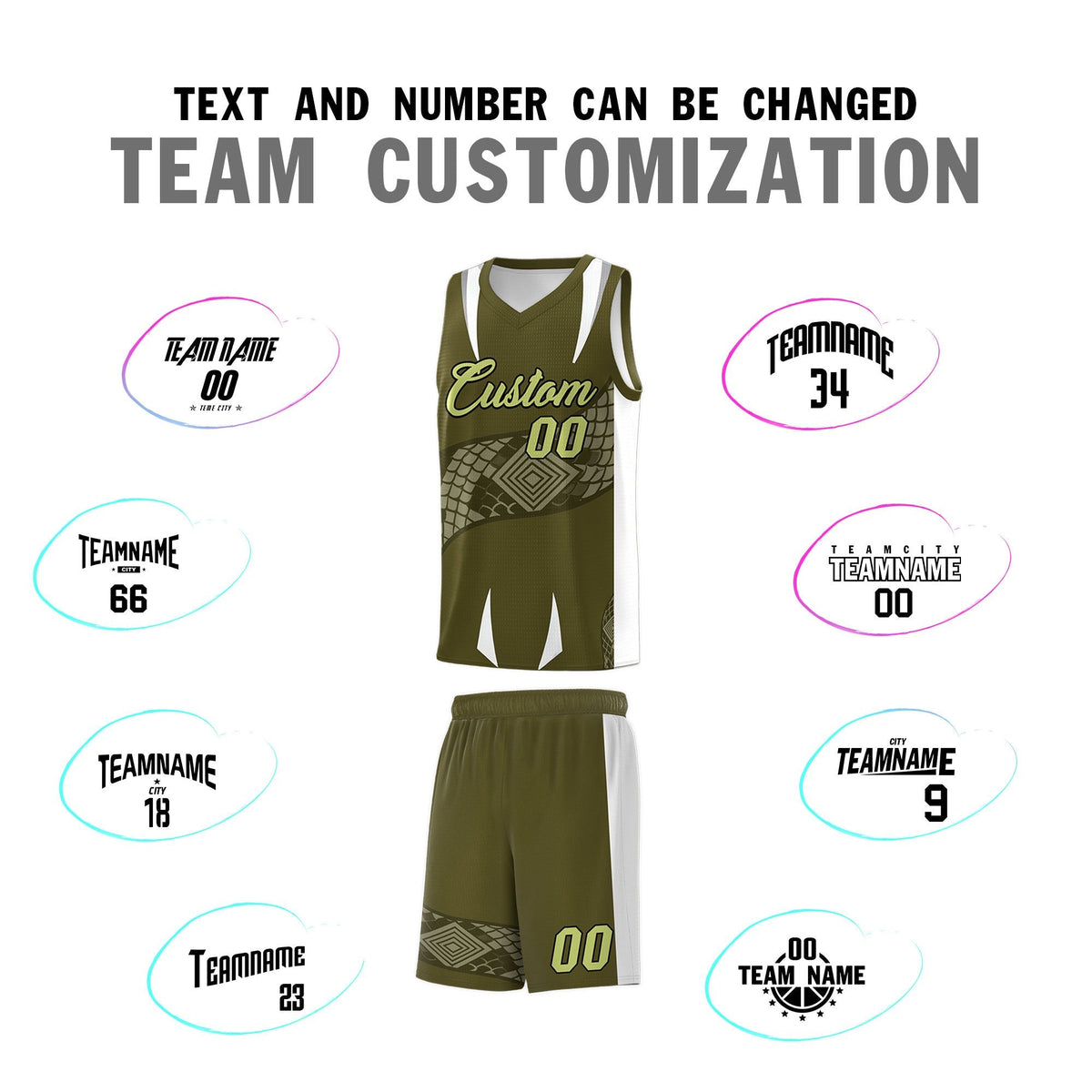 Custom Olive White Snake Scale Venomous Fang Breathable Graffiti Pattern Basketball Suit Jersey