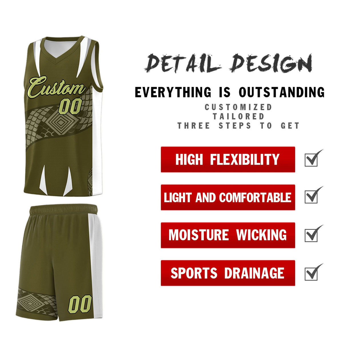 Custom Olive White Snake Scale Venomous Fang Breathable Graffiti Pattern Basketball Suit Jersey