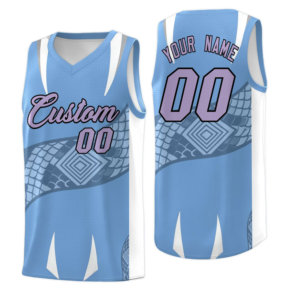 Custom Light Blue White Snake Scale Venomous Fang Lightweight Graffiti Pattern Basketball Suit Jersey