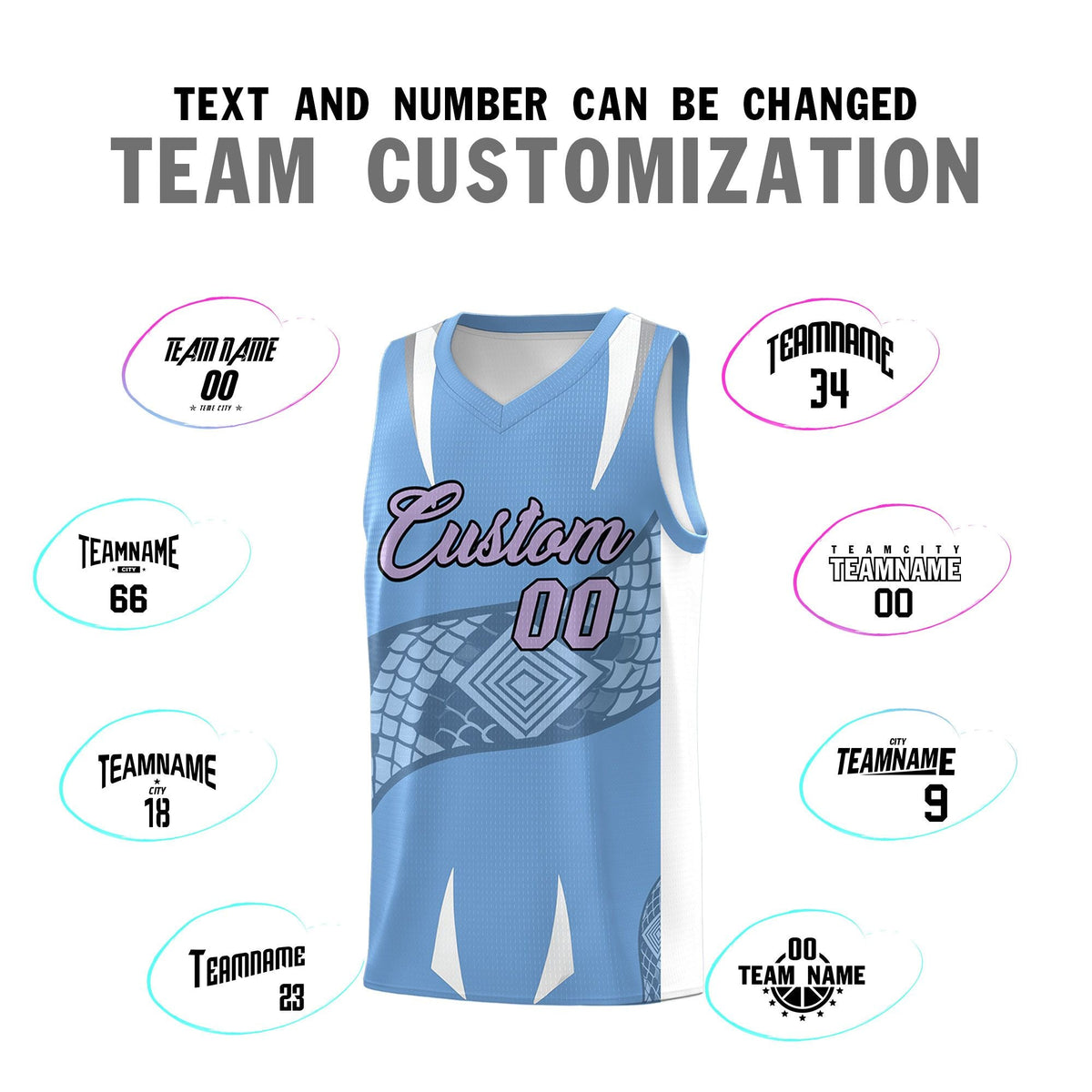Custom Light Blue White Snake Scale Venomous Fang Lightweight Graffiti Pattern Basketball Suit Jersey