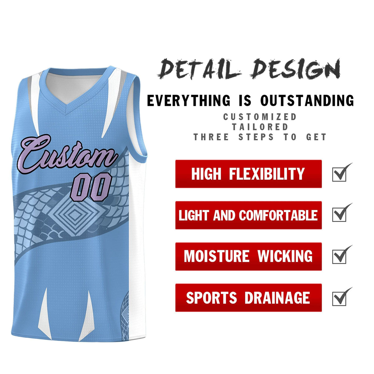 Custom Light Blue White Snake Scale Venomous Fang Lightweight Graffiti Pattern Basketball Suit Jersey