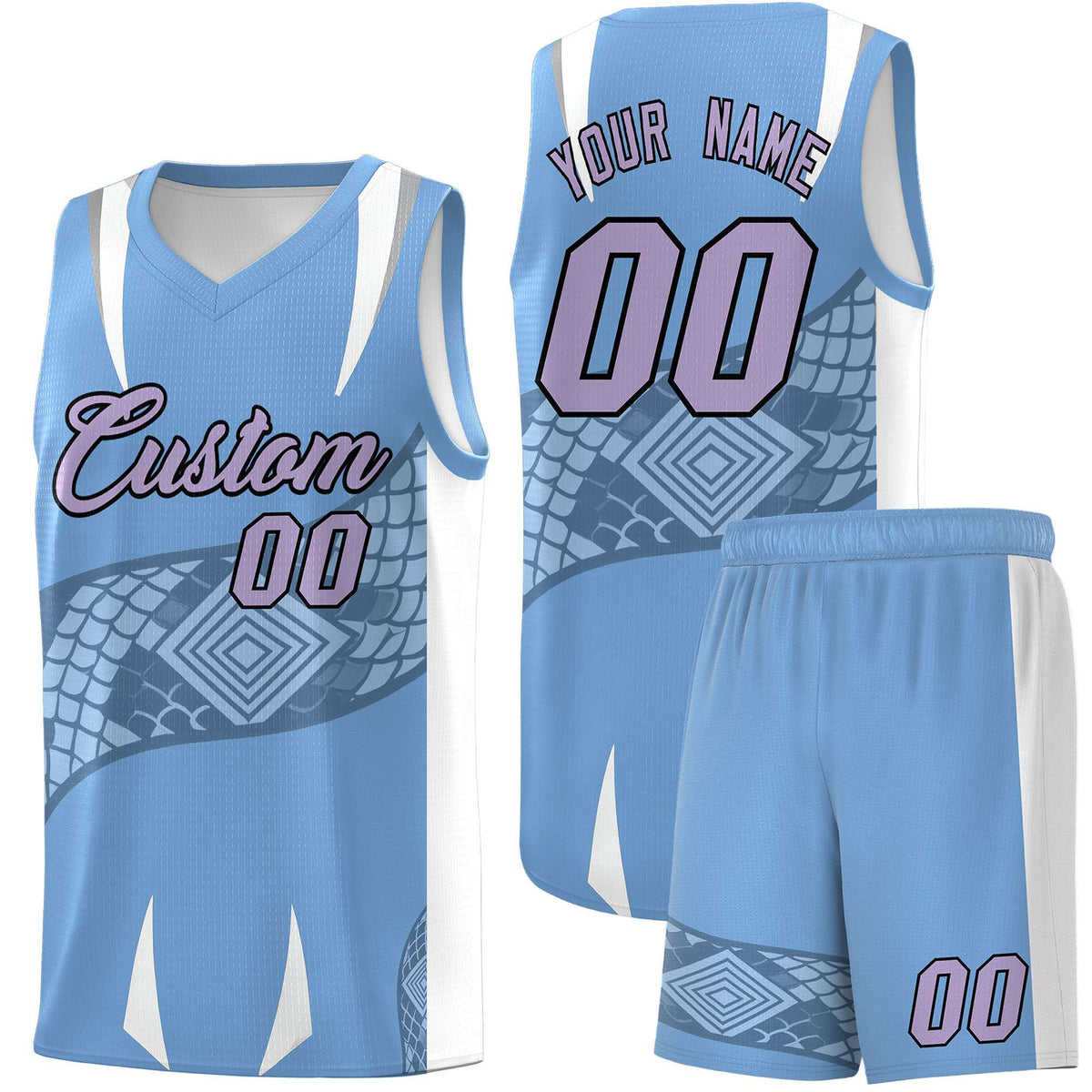 Custom Light Blue White Snake Scale Venomous Fang Lightweight Graffiti Pattern Basketball Suit Jersey