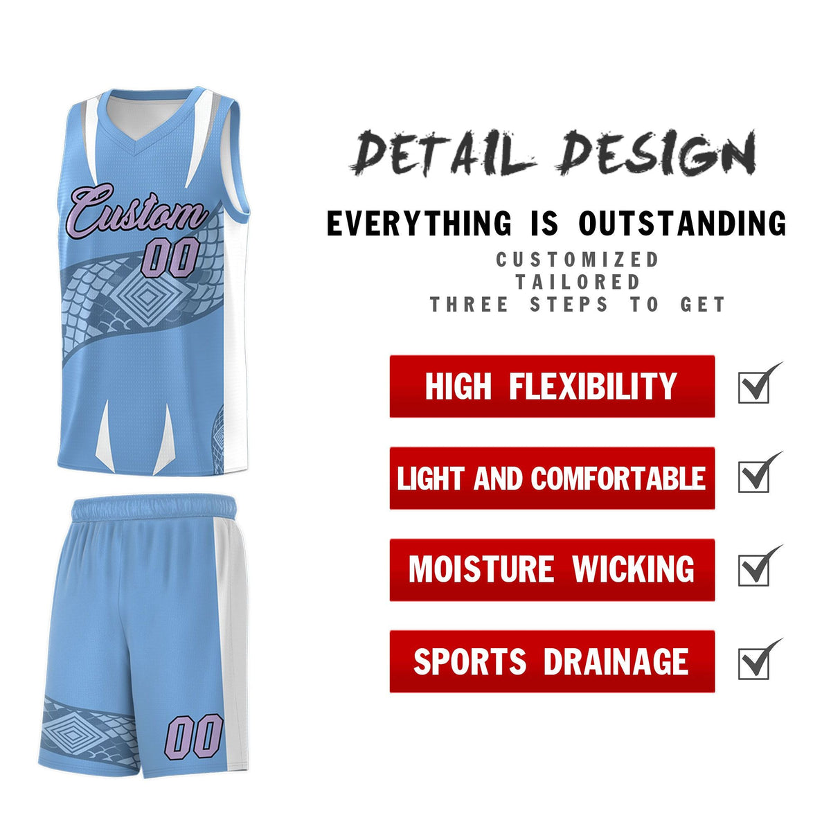 Custom Light Blue White Snake Scale Venomous Fang Lightweight Graffiti Pattern Basketball Suit Jersey