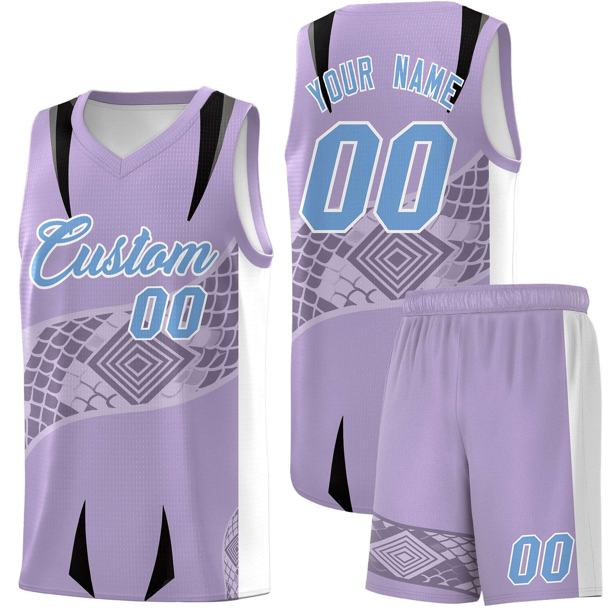 Custom Light Purple White Snake Scale Venomous Fang for Team Graffiti Pattern Basketball Suit Jersey