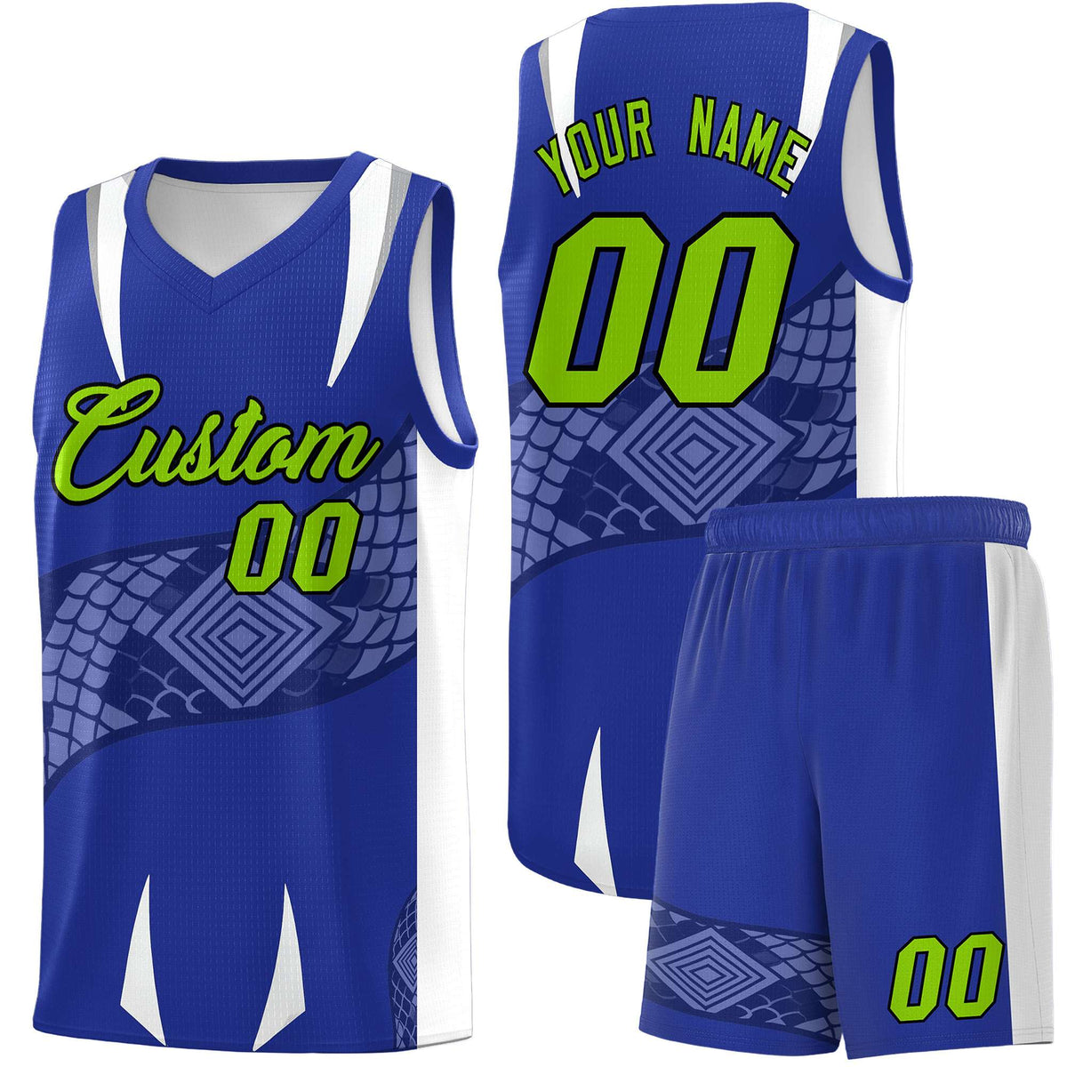 Custom Royal White Snake Scale Venomous Fang Drapable Graffiti Pattern Basketball Suit Jersey
