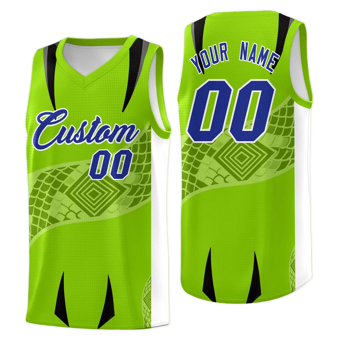 Custom Neon Green White Snake Scale Venomous Fang for Leagues Graffiti Pattern Basketball Suit Jersey