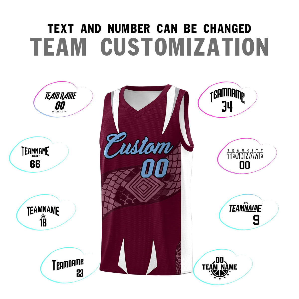 Custom Burgundy White Snake Scale Venomous Fang Lightweight Graffiti Pattern Basketball Suit Jersey