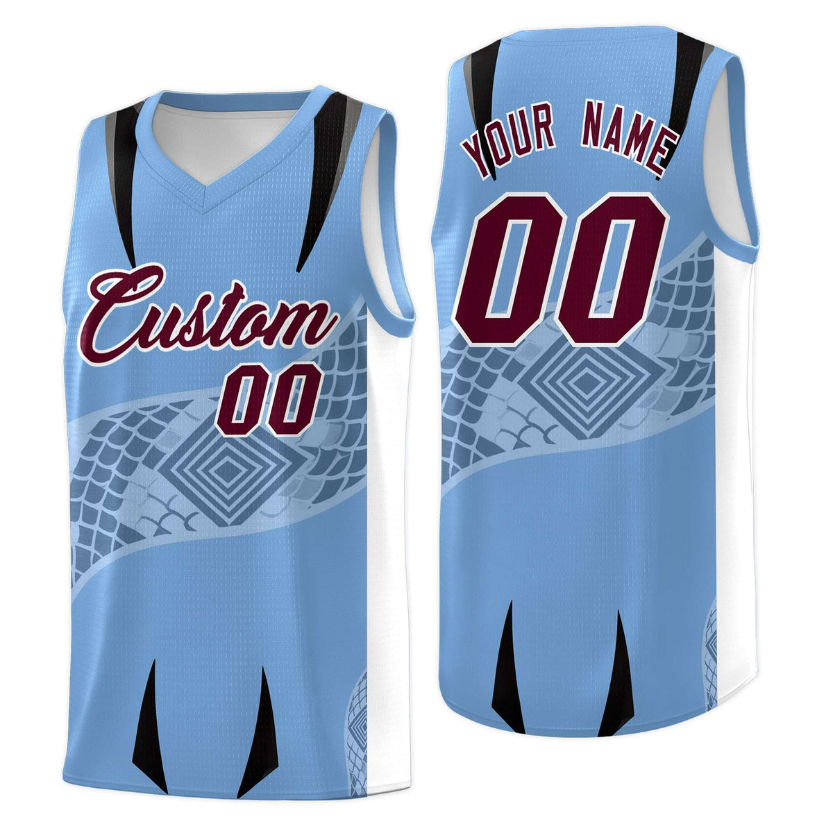 Custom Light Blue White Snake Scale Venomous Fang for Team Graffiti Pattern Basketball Suit Jersey