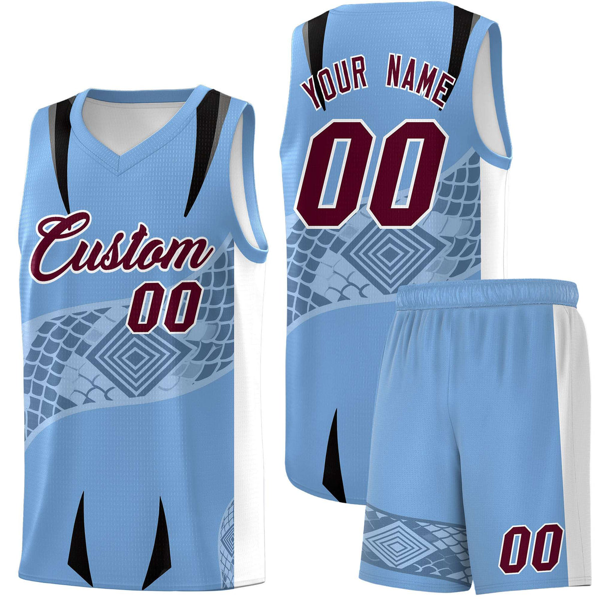Custom Light Blue White Snake Scale Venomous Fang for Team Graffiti Pattern Basketball Suit Jersey
