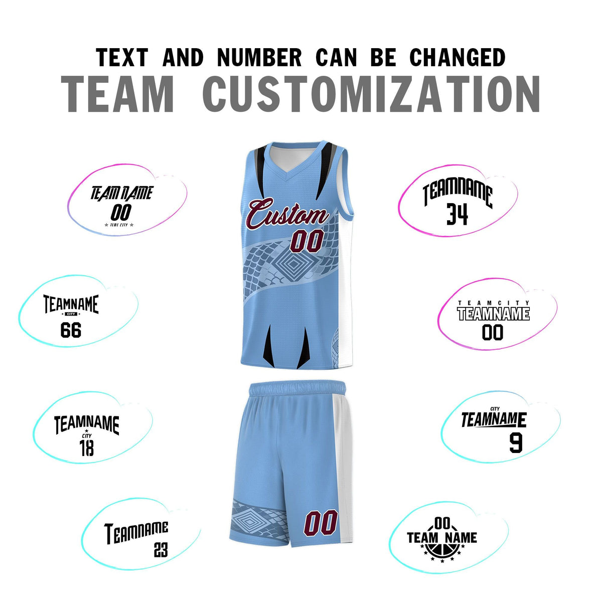Custom Light Blue White Snake Scale Venomous Fang for Team Graffiti Pattern Basketball Suit Jersey