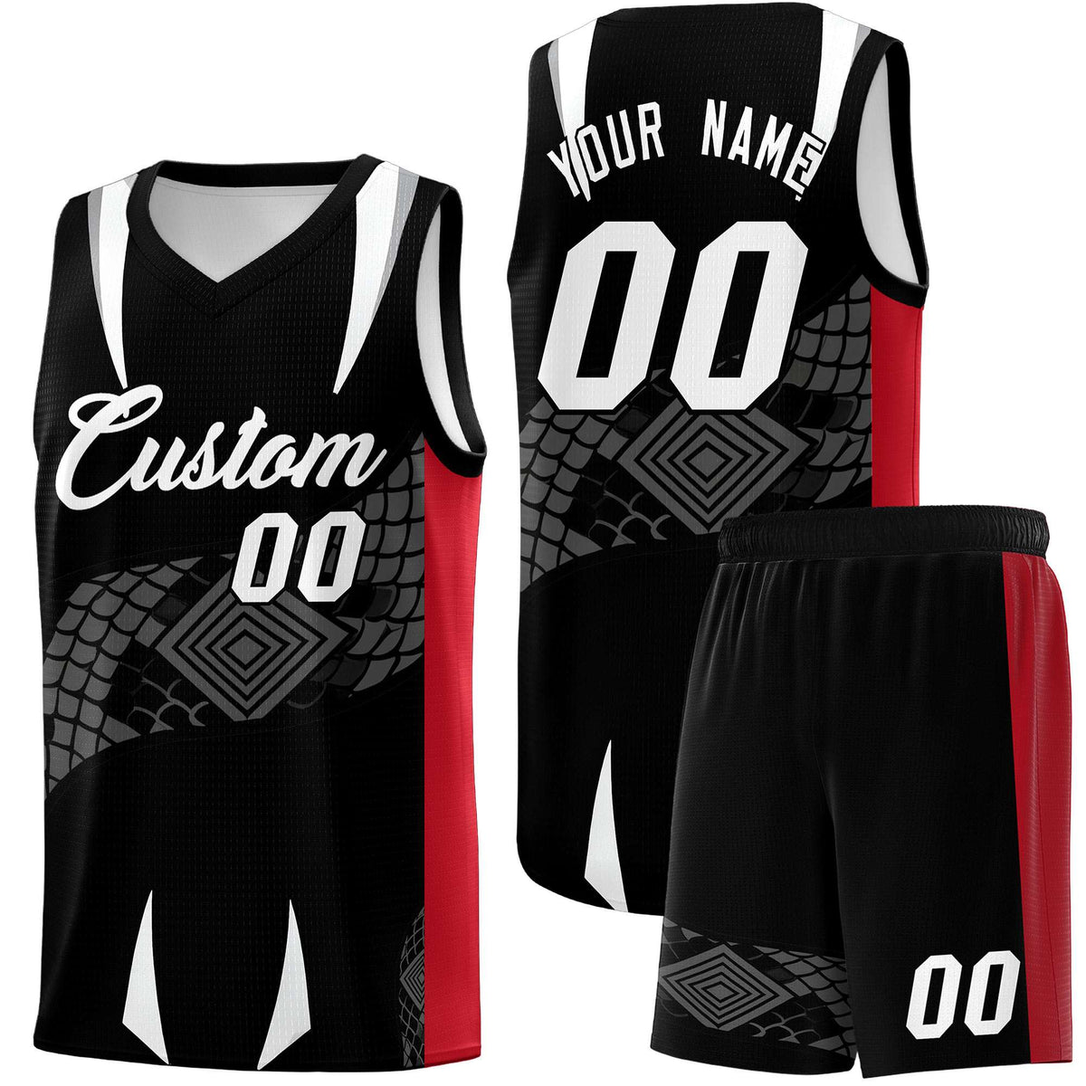 Custom Black Red  Snake Scale Venomous Fang Breathable Graffiti Pattern Basketball Suit Jersey