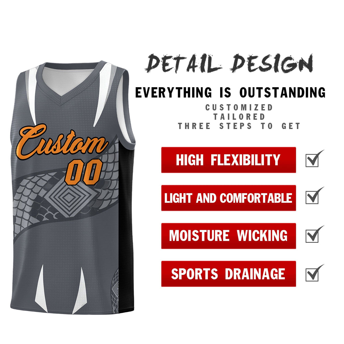 Custom Gray Black Snake Scale Venomous Fang Breathable Graffiti Pattern Basketball Suit Jersey