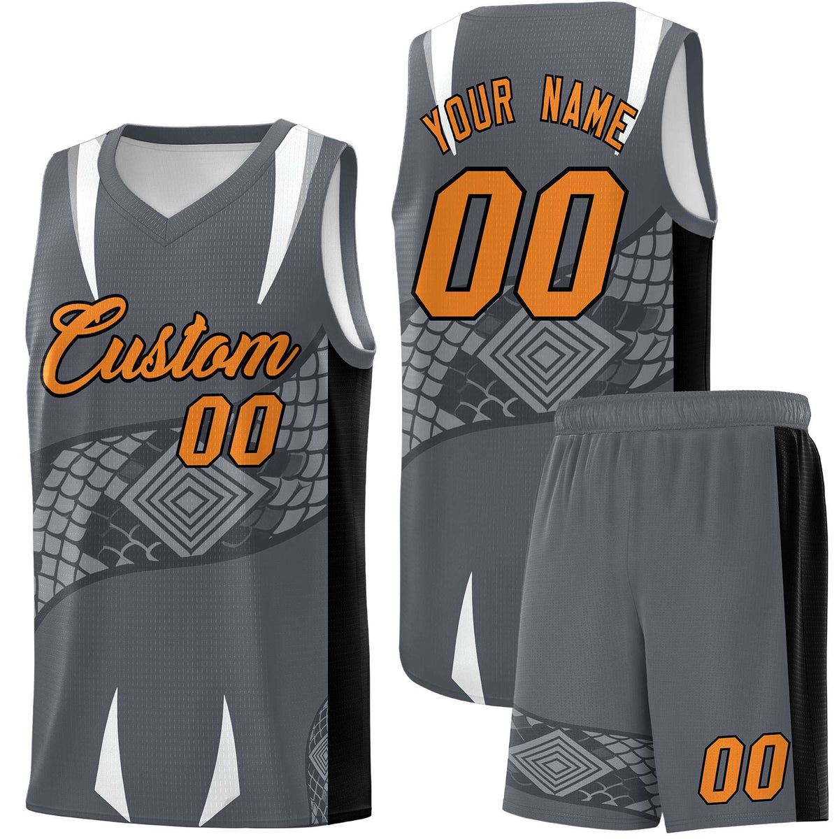 Custom Gray Black Snake Scale Venomous Fang Breathable Graffiti Pattern Basketball Suit Jersey