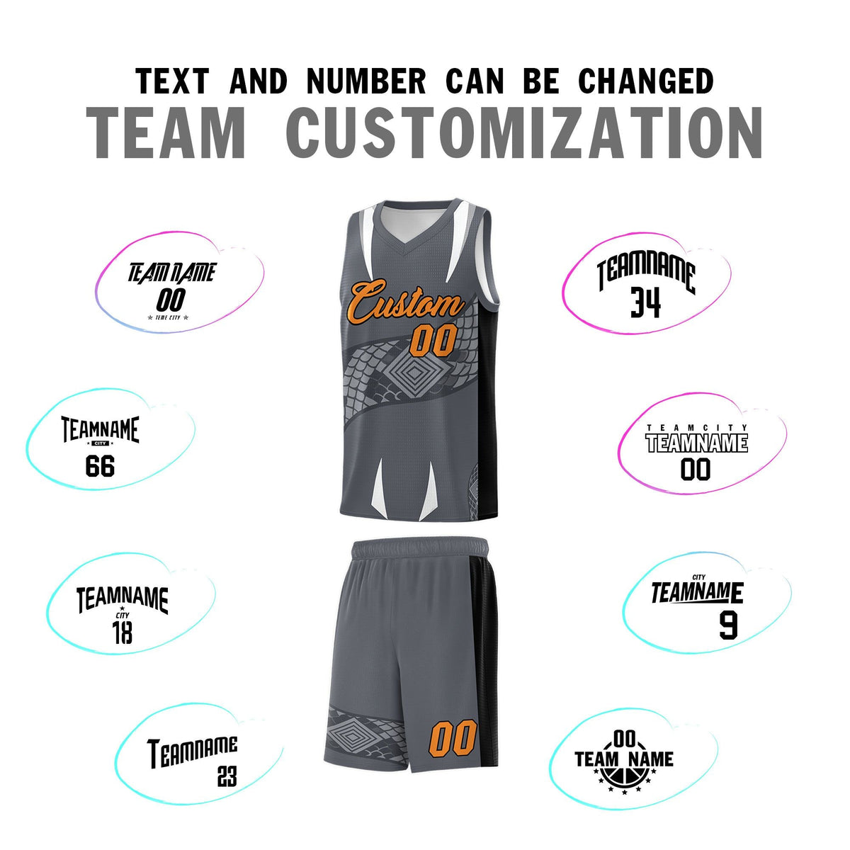 Custom Gray Black Snake Scale Venomous Fang Breathable Graffiti Pattern Basketball Suit Jersey