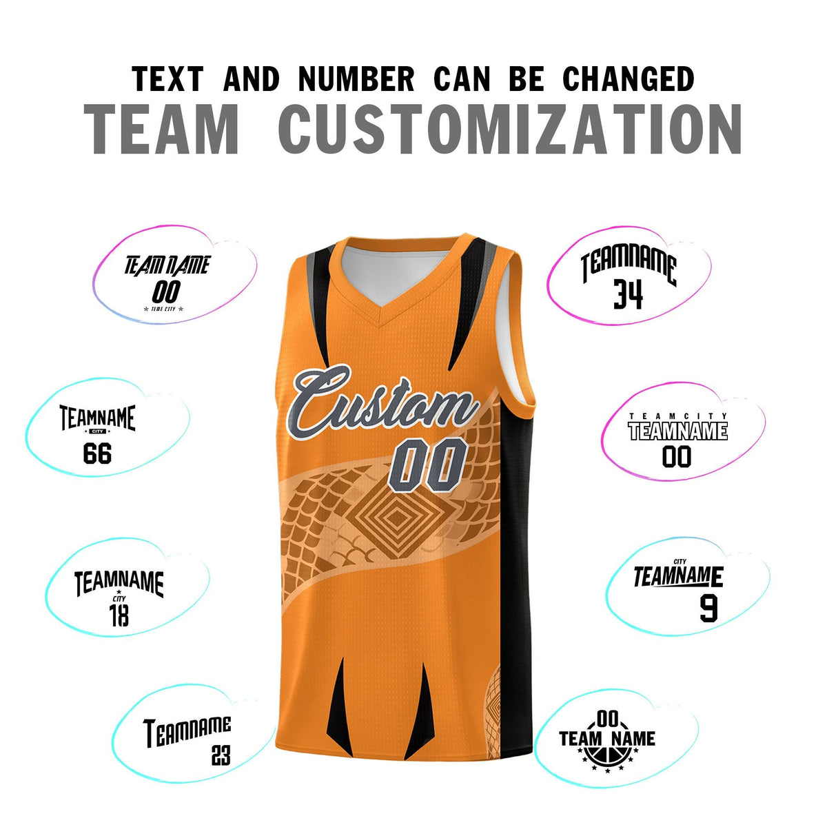 Custom Orange Black Snake Scale Venomous Fang for Clubs Graffiti Pattern Basketball Suit Jersey