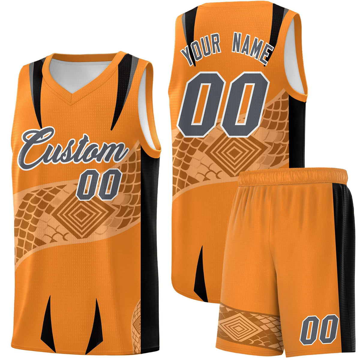 Custom Orange Black Snake Scale Venomous Fang for Clubs Graffiti Pattern Basketball Suit Jersey
