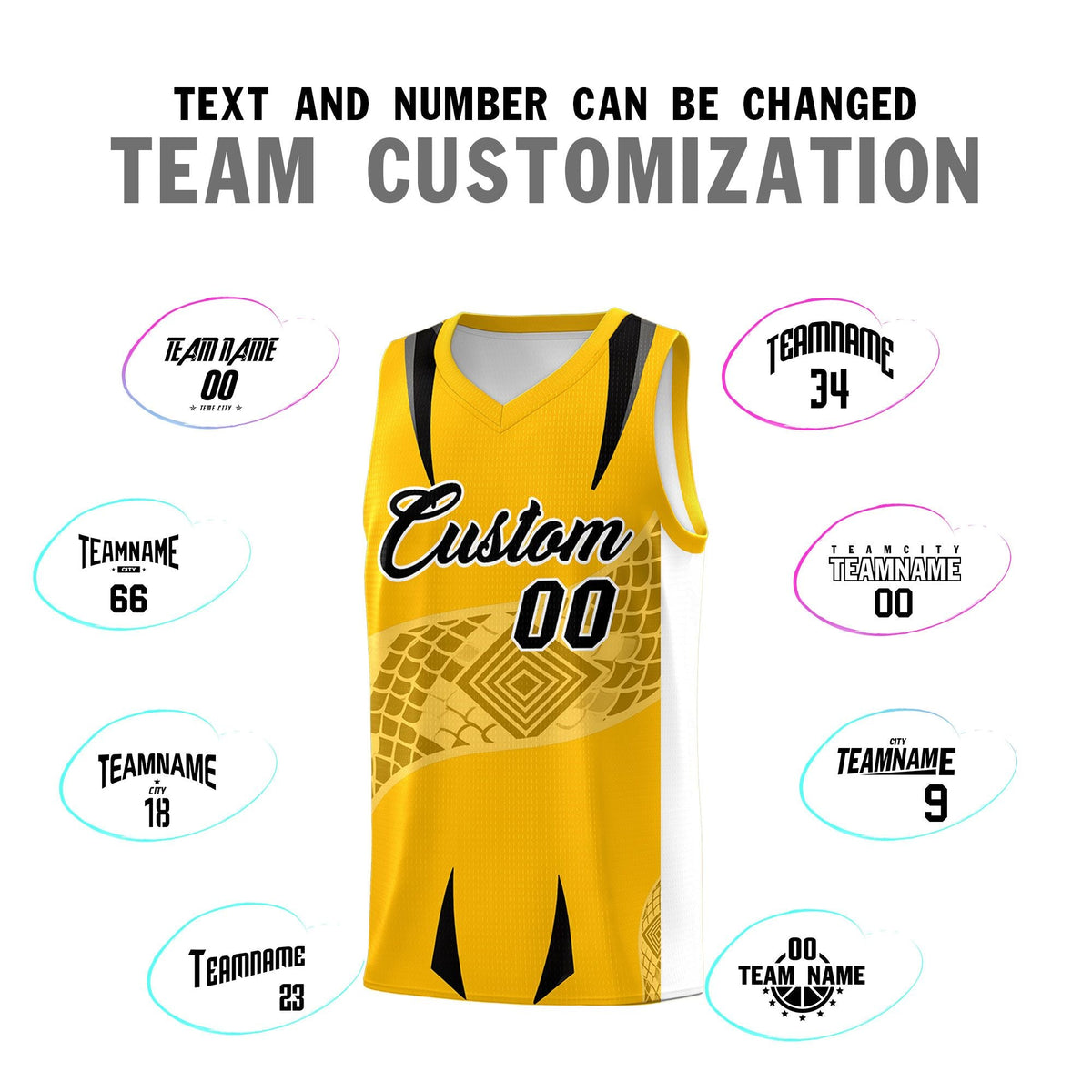 Custom Yellow White Snake Scale Venomous Fang for Team Graffiti Pattern Basketball Suit Jersey