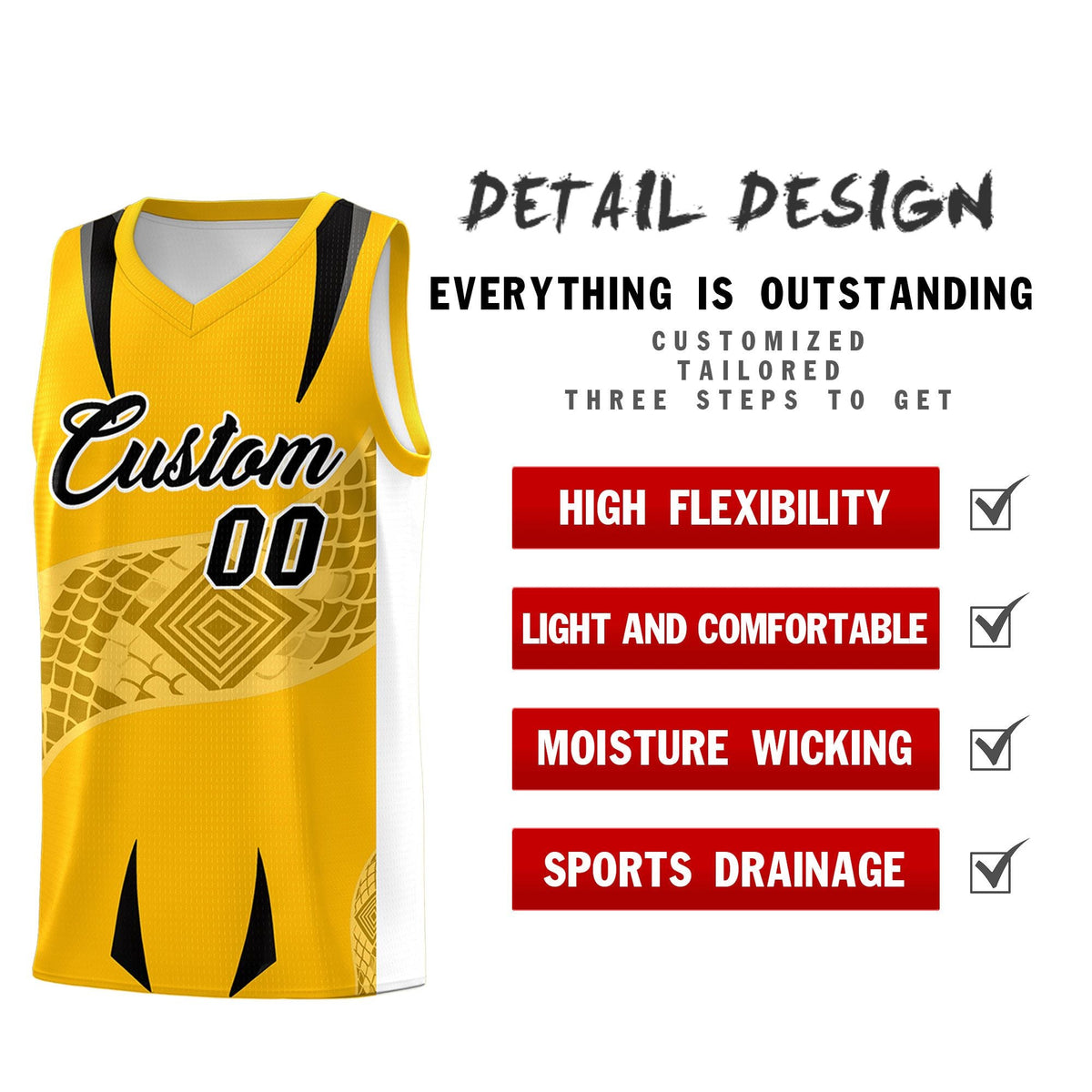 Custom Yellow White Snake Scale Venomous Fang for Team Graffiti Pattern Basketball Suit Jersey