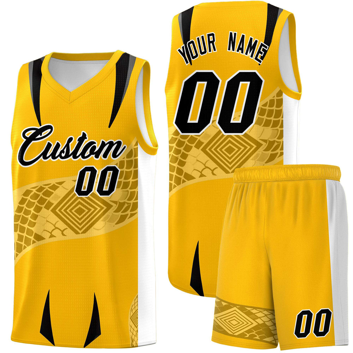 Custom Yellow White Snake Scale Venomous Fang for Team Graffiti Pattern Basketball Suit Jersey