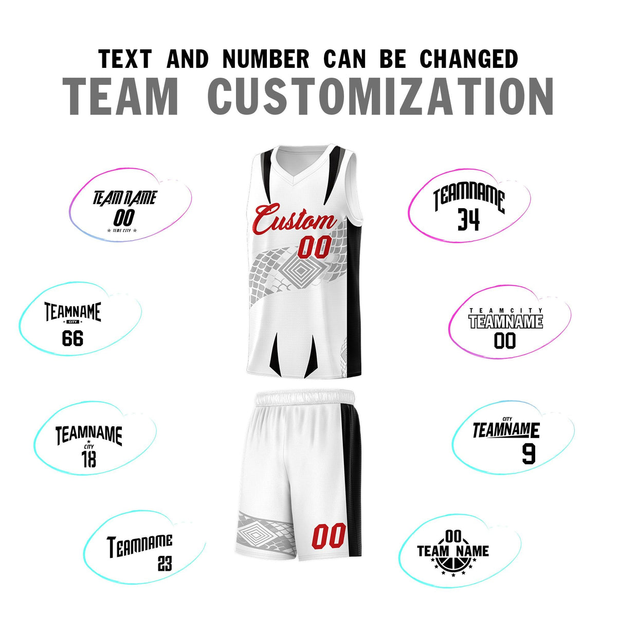 Custom White Black Snake Scale Venomous Fang for Leagues Graffiti Pattern Basketball Suit Jersey