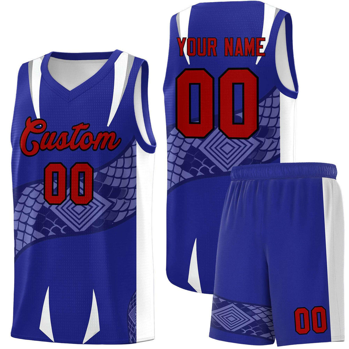 Custom Royal White Snake Scale Venomous Fang Drapable Graffiti Pattern Basketball Suit Jersey