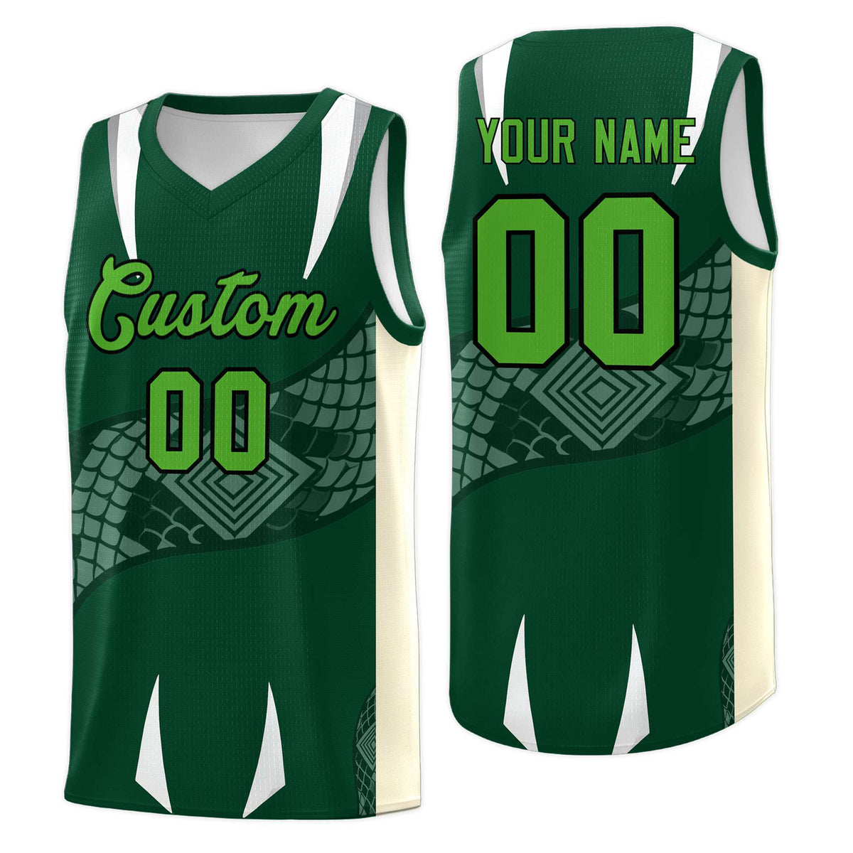 Custom Green Cream Snake Scale Venomous Fang Lightweight Graffiti Pattern Basketball Suit Jersey
