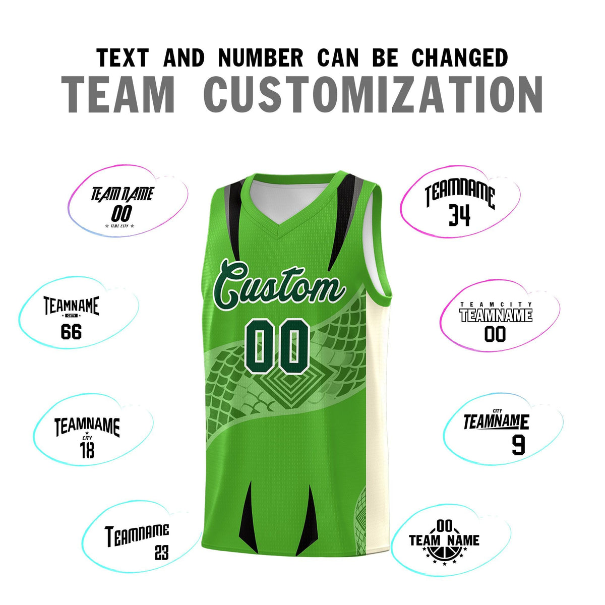 Custom Light Green Cream Snake Scale Venomous Fang for Team Graffiti Pattern Basketball Suit Jersey