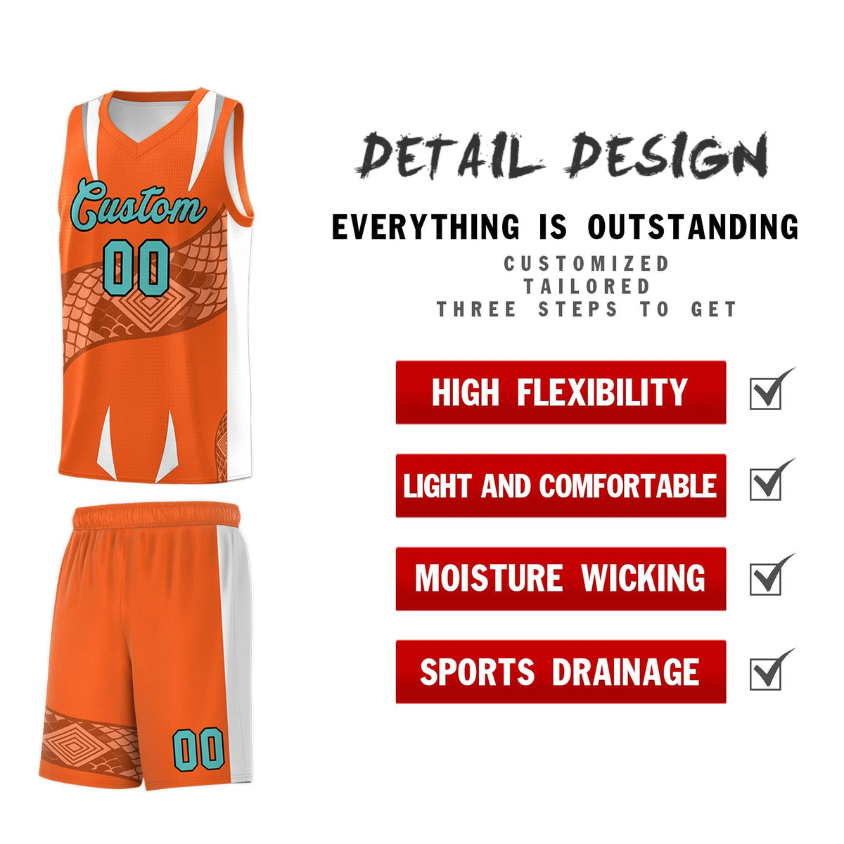 Custom Orange White Snake Scale Venomous Fang Lightweight Graffiti Pattern Basketball Suit Jersey