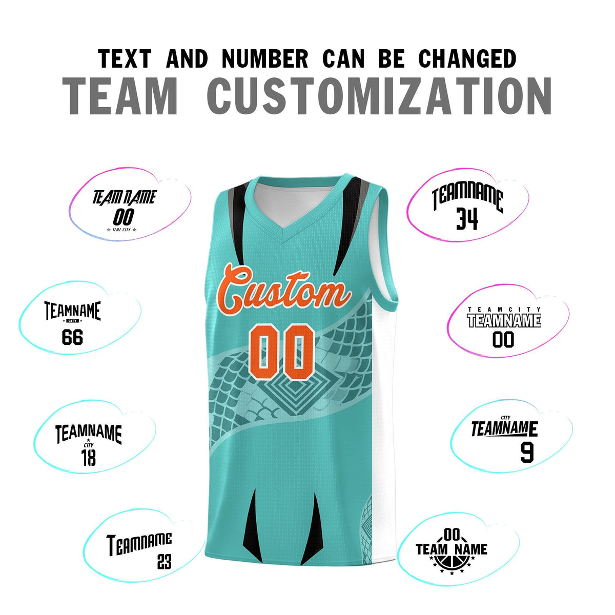 Custom Teal White Snake Scale Venomous Fang for Team Graffiti Pattern Basketball Suit Jersey