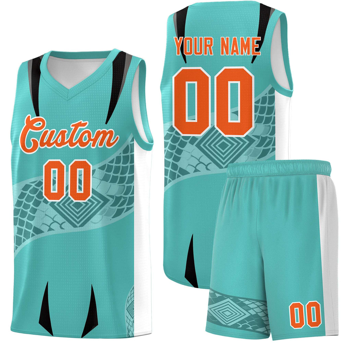 Custom Teal White Snake Scale Venomous Fang for Team Graffiti Pattern Basketball Suit Jersey