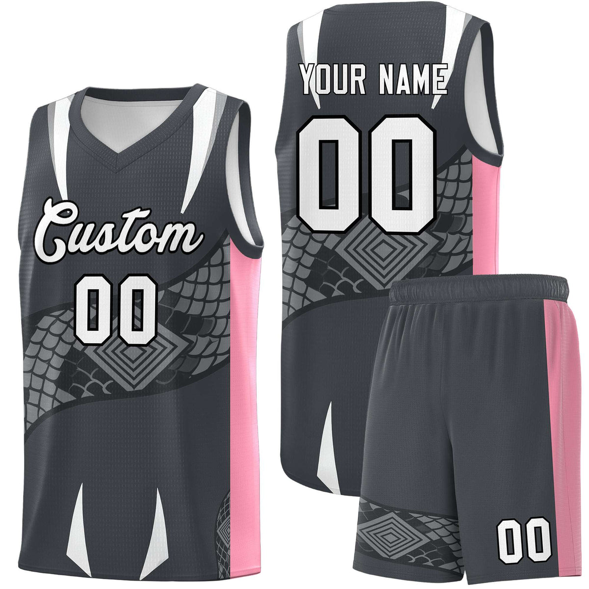 Custom Gray Light Pink Snake Scale Venomous Fang Drapable Graffiti Pattern Basketball Suit Jersey
