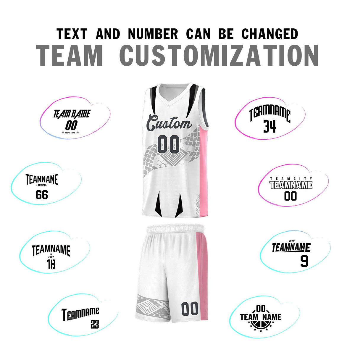 Custom White Light Pink Snake Scale Venomous Fang for Leagues Graffiti Pattern Basketball Suit Jersey