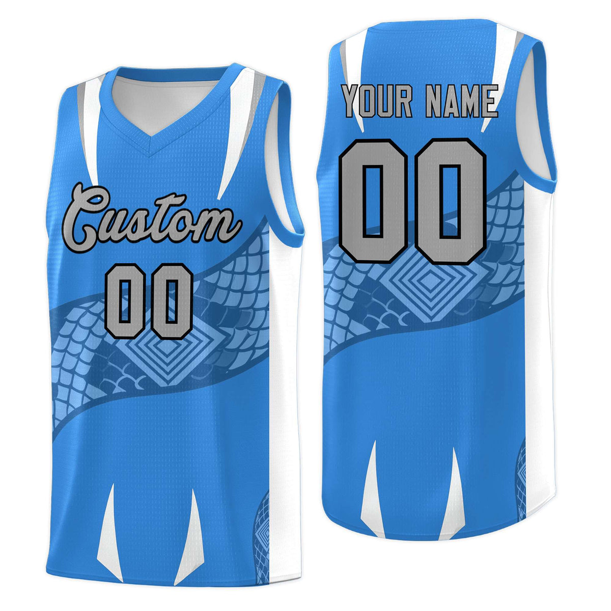 Custom Light Blue White Snake Scale Venomous Fang Lightweight Graffiti Pattern Basketball Suit Jersey