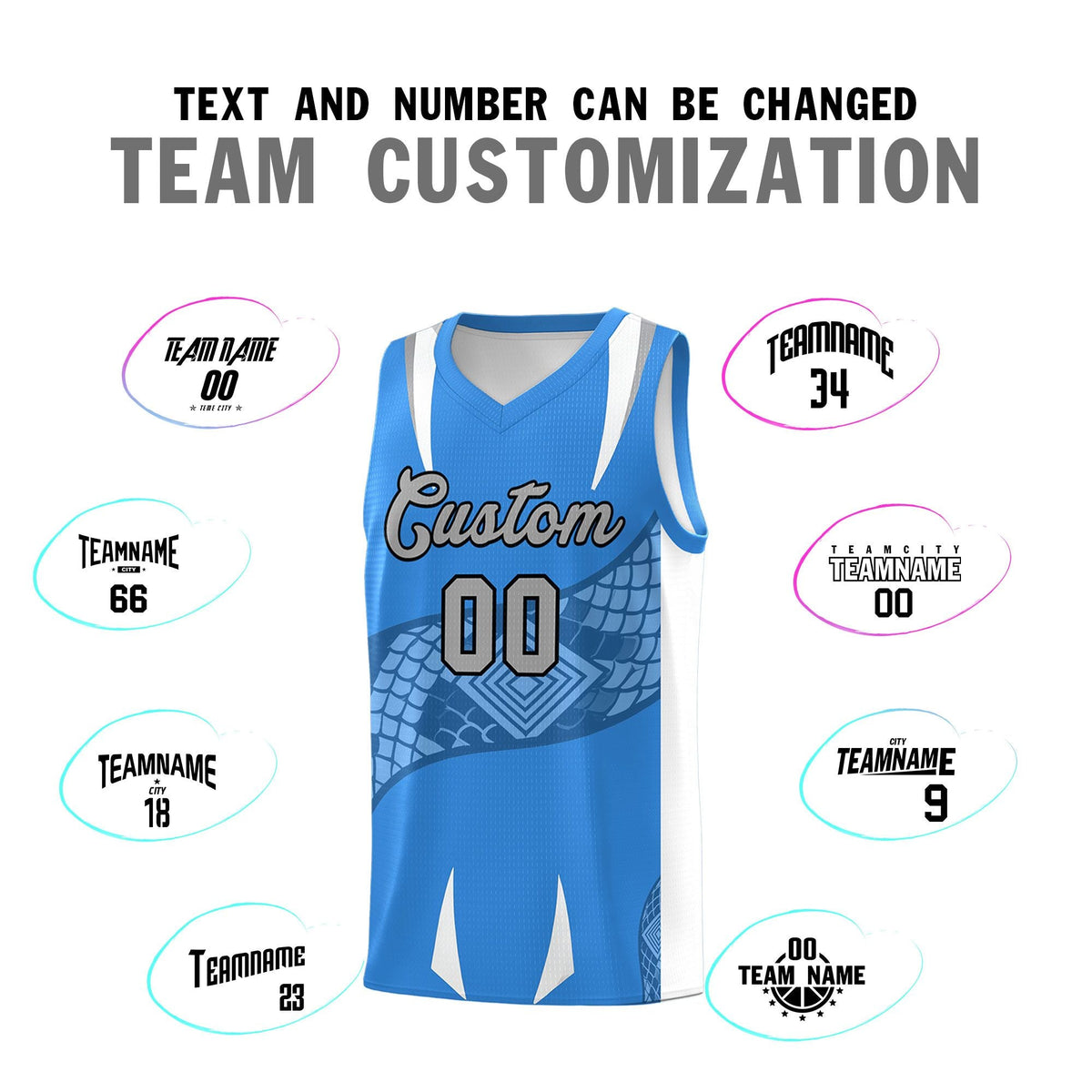 Custom Light Blue White Snake Scale Venomous Fang Lightweight Graffiti Pattern Basketball Suit Jersey