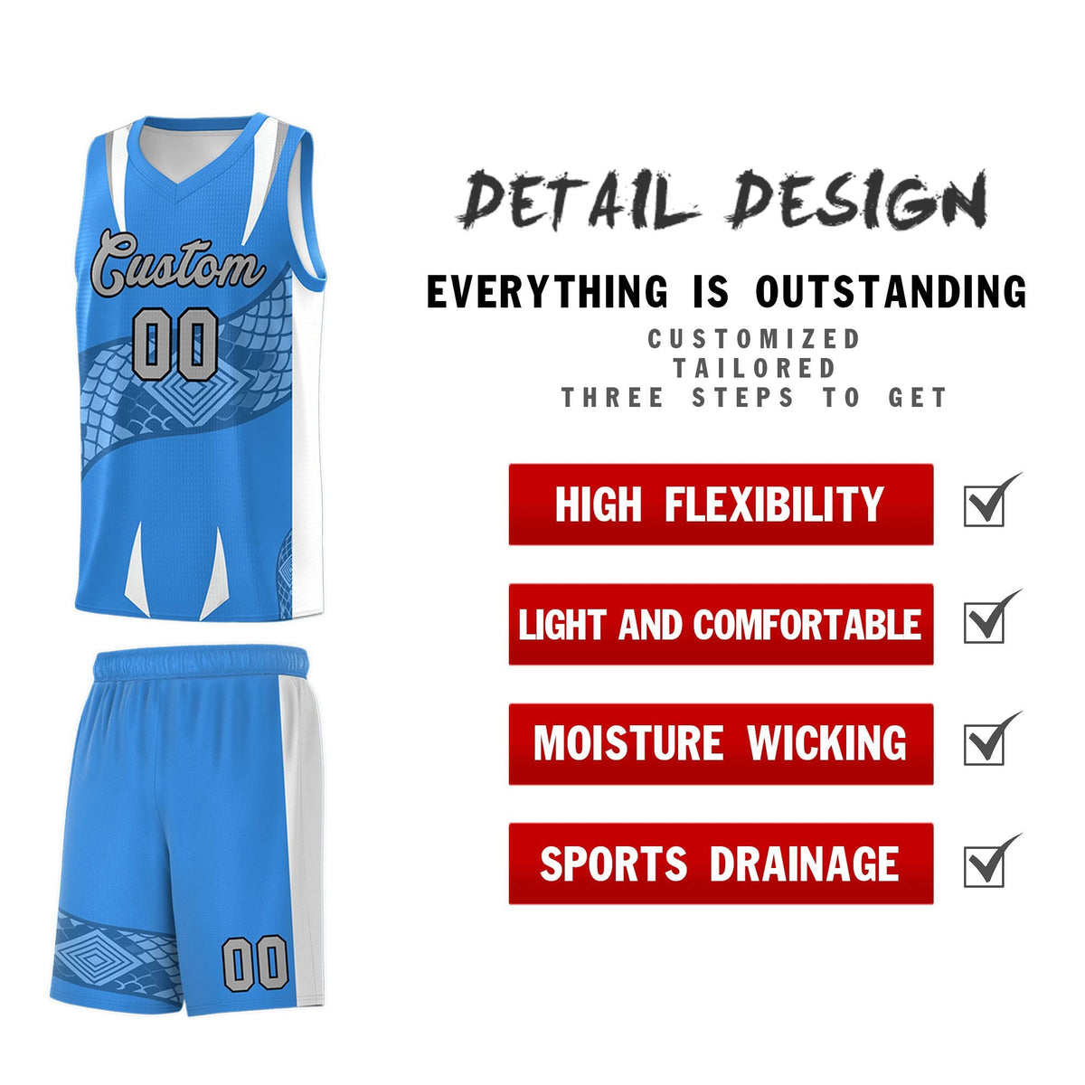 Custom Light Blue White Snake Scale Venomous Fang Lightweight Graffiti Pattern Basketball Suit Jersey