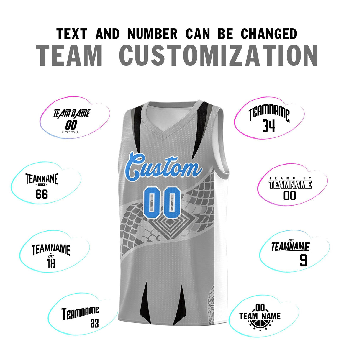 Custom Gray White Snake Scale Venomous Fang for Team Graffiti Pattern Basketball Suit Jersey