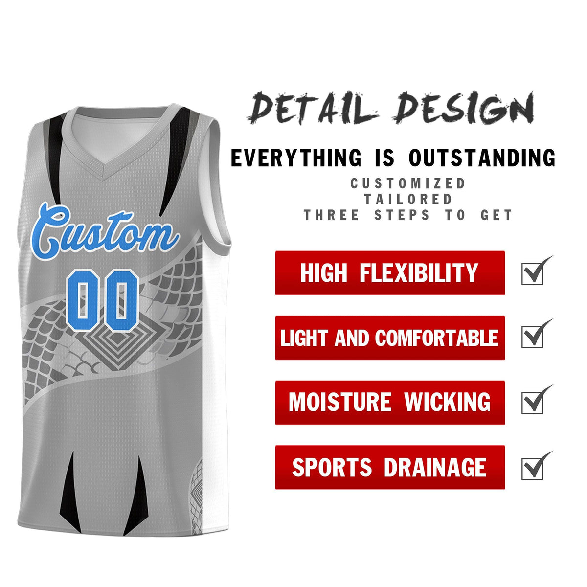 Custom Gray White Snake Scale Venomous Fang for Team Graffiti Pattern Basketball Suit Jersey