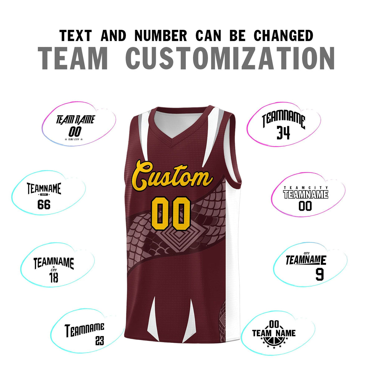 Custom Burgundy White Snake Scale Venomous Fang Drapable Graffiti Pattern Basketball Suit Jersey