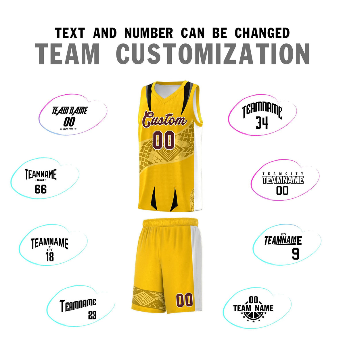 Custom Yellow White Snake Scale Venomous Fang for Leagues Graffiti Pattern Basketball Suit Jersey
