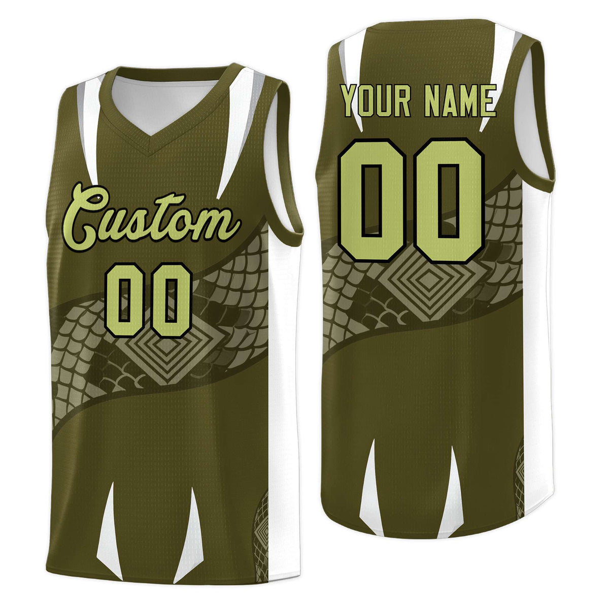 Custom Olive White Snake Scale Venomous Fang Breathable Graffiti Pattern Basketball Suit Jersey