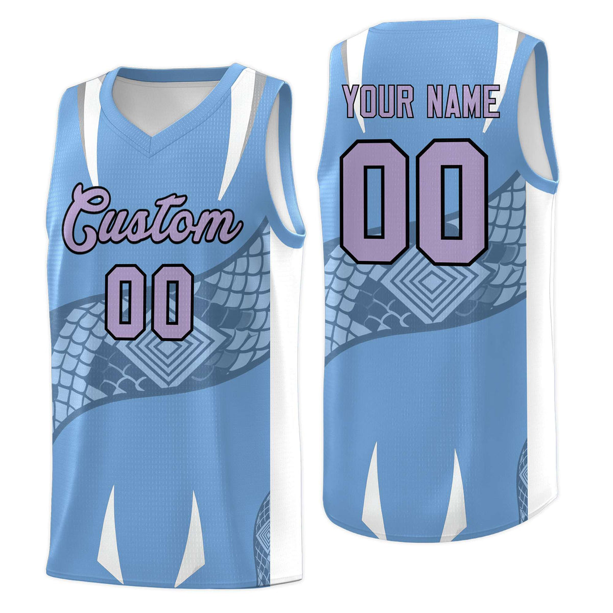 Custom Light Blue White Snake Scale Venomous Fang Lightweight Graffiti Pattern Basketball Suit Jersey