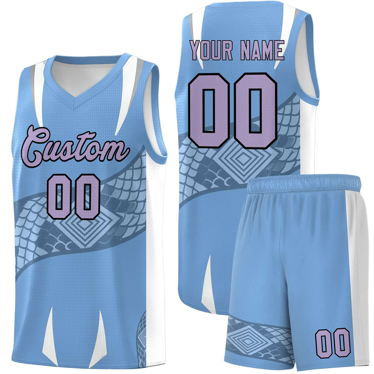 Custom Light Blue White Snake Scale Venomous Fang Lightweight Graffiti Pattern Basketball Suit Jersey